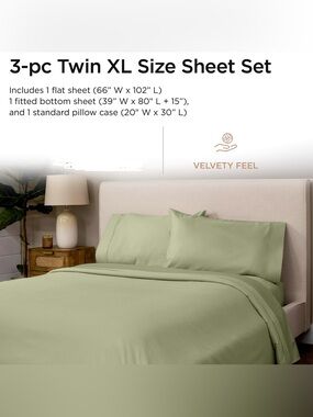 NWOT Twin XL 3 Piece Bed Sheet Set OEKO-TEX Sage Green Mint College Dorm Pillow